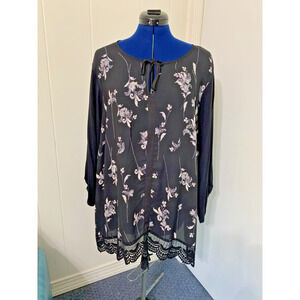 Rose & Olive 3X Black Floral Peasant Tunic Top Roll Tab Sleeve Lace Edging Boho